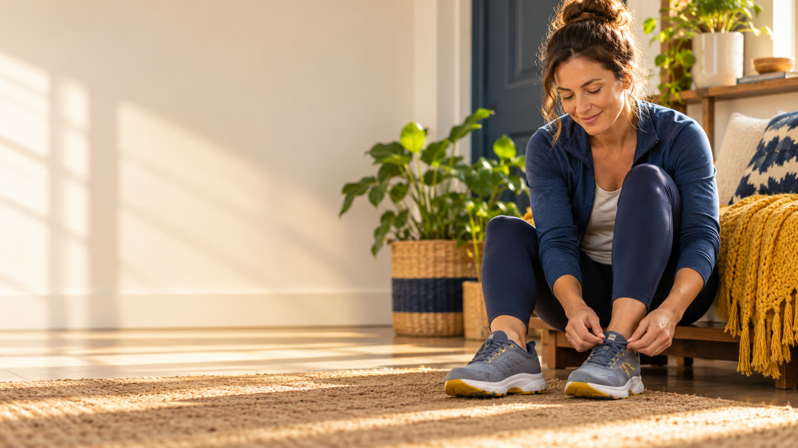 A person sitting on a rug at home, smiling as they tie their walking shoes in morning light