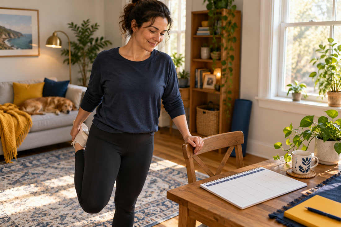 A person stretching beside a wooden chair at home, with a planner open on the table