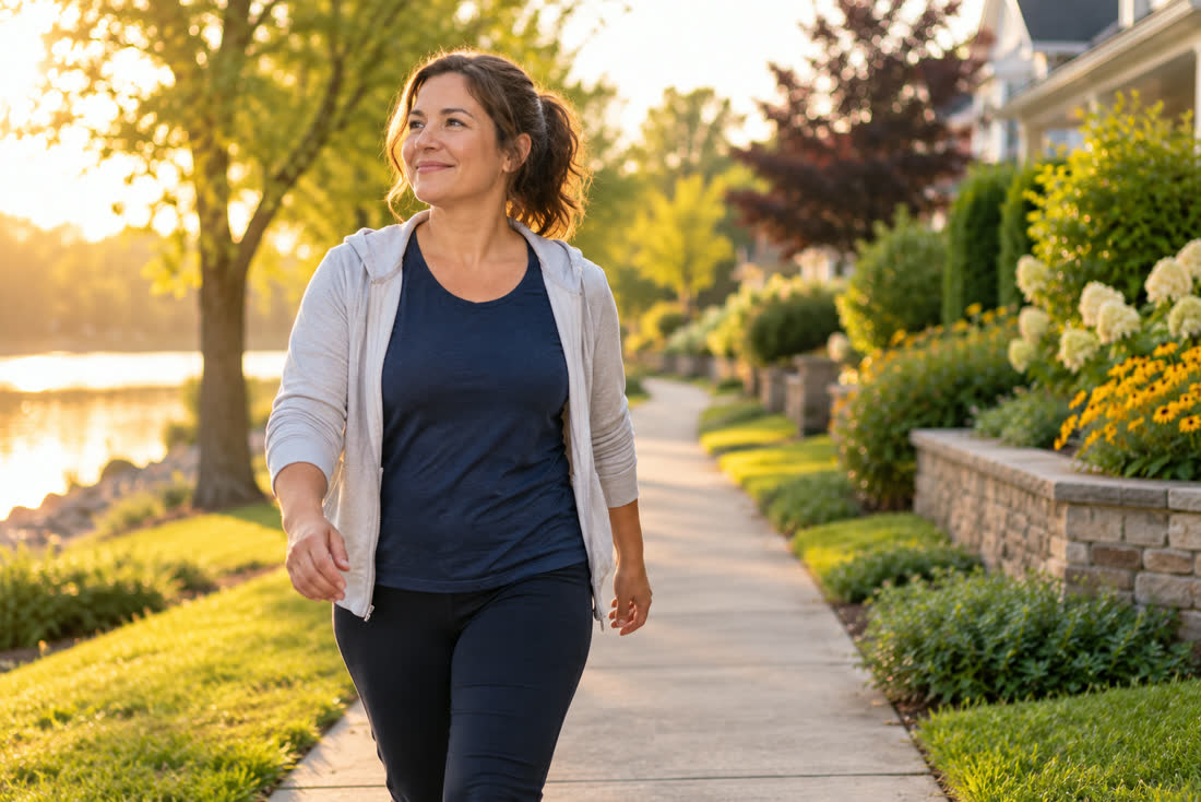 A person taking an easy walk along a tree-lined path at sunset